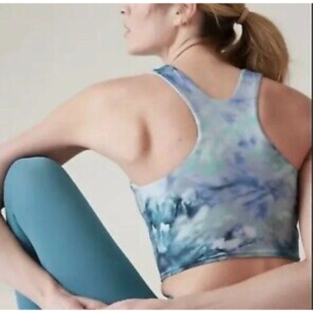 NWT Athleta Conscious Crop Tank Bra M Turquoise Blue Watercolor Longline NEW